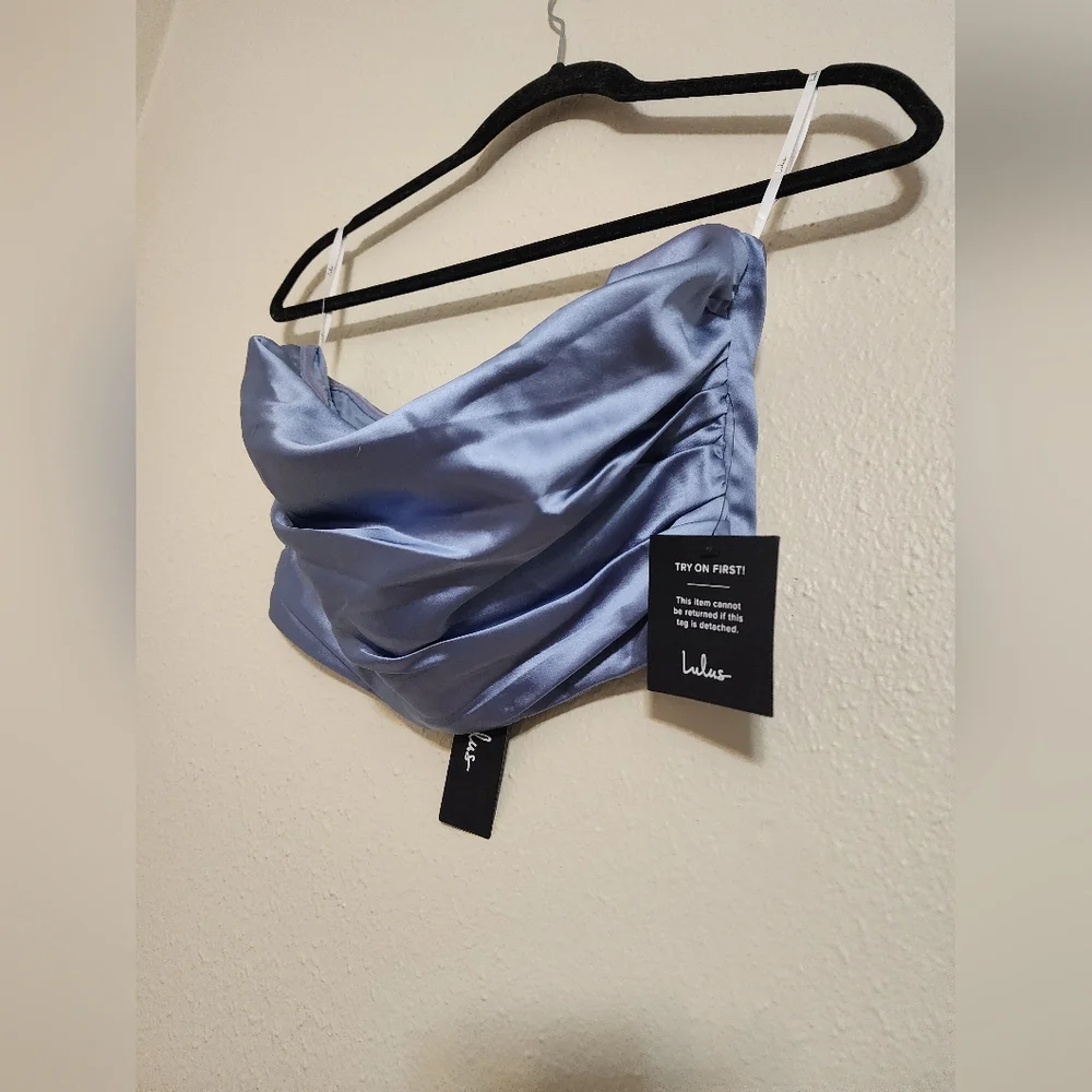 Lulus Demure Sweetie Slate Blue Satin Strapless Two-Piece Midi Dress M Wedding - Picture 8 of 10